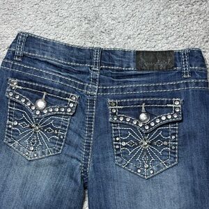 Soundgirl Jeans Womens 9 Flare Low Rise Big Stitch Rhinestones Cross Glitz Rodeo